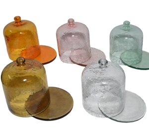 Cake Recycled Glass Dome w/Plate Dia 6” Yellow- A - Yellow