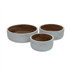 Set of 3 Wooden Round Bowls with Ribs White & Natural Dia 12” -ST - White & Wood - White & Wood