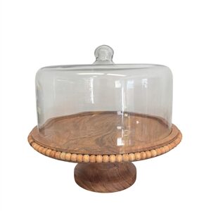 Acacia Wood Beaded Footed Cake Plate w/Glass Dome Lg - Natural-ST - Natural