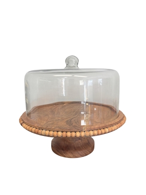 Acacia Wood Beaded Footed Cake Plate w/Glass Dome Lg - Natural-ST - Natural