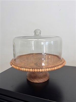 Acacia Wood Beaded Footed Cake Plate w/Glass Dome Lg - Natural-ST - Natural - Imagen 2