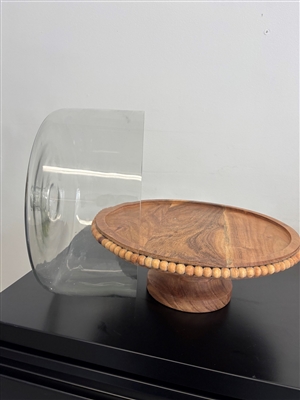 Acacia Wood Beaded Footed Cake Plate w/Glass Dome Lg - Natural-ST - Natural - Imagen 3