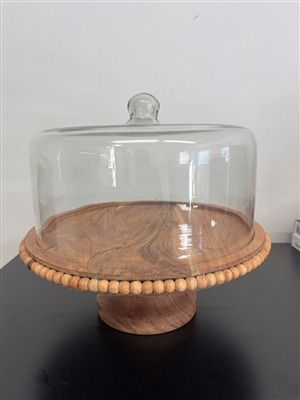 Acacia Wood Beaded Footed Cake Plate w/Glass Dome Lg - Natural-ST - Natural - Imagen 4