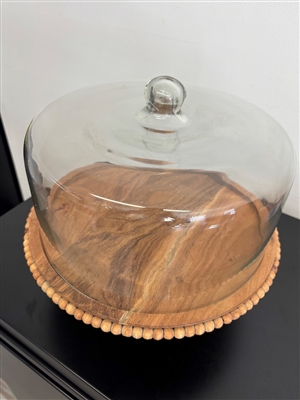Acacia Wood Beaded Footed Cake Plate w/Glass Dome Lg - Natural-ST - Natural - Imagen 5