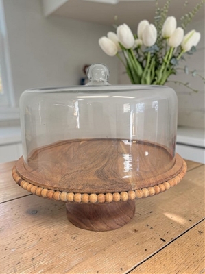 Acacia Wood Beaded Footed Cake Plate w/Glass Dome Lg - Natural-ST - Natural - Imagen 6