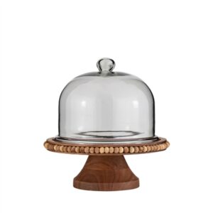 Acacia Wood Beaded Footed Cake Plate w/Glass Dome Sm - Natural-ST - Natural