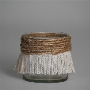 Votive Wrapped in Cream & Natural Fringe 3"x3"- A - CREAM / NATURAL
