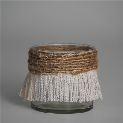 Votive Wrapped in Cream & Natural Fringe 3"x3"- A - CREAM / NATURAL