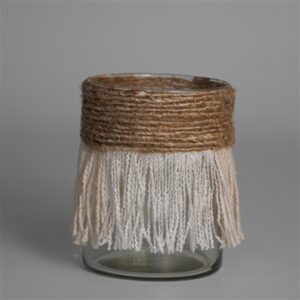 Votive Wrapped in Cream & Natural Fringe 5"x4"- A - CREAM / NATURAL