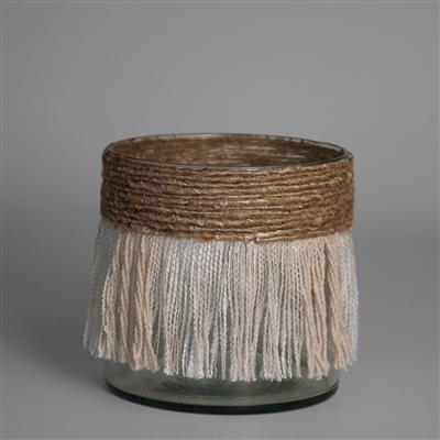 Votive Wrapped in Cream & Natural Fringe 6"x6"- A - CREAM / NATURAL