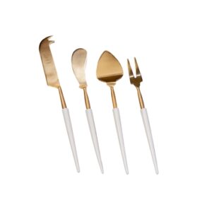Set of 4 Gold Cheese Set w/ White Resin Handles in Giftbox - Gold & White