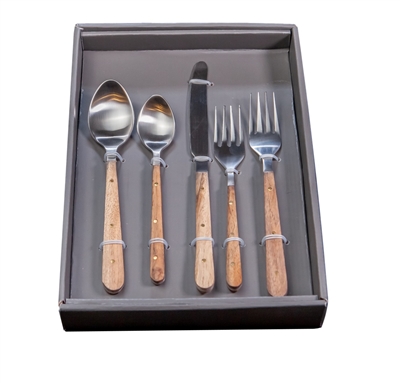 5pc Flatware Place Setting w/ Wood Handles in Giftbox - Silver & Wood