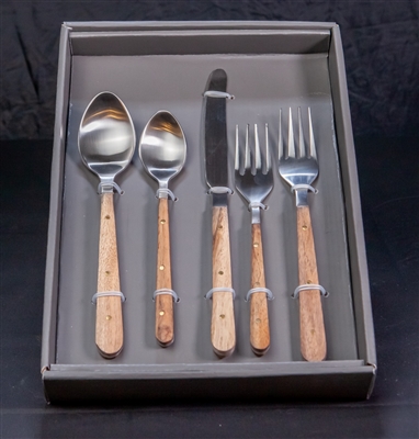 5pc Flatware Place Setting w/ Wood Handles in Giftbox - Silver & Wood - Imagen 2