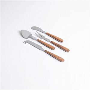 Set of 4 Cheese Set w/ Wood Handles in Giftbox - Silver & Wood