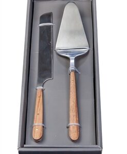 2pc Cake Serving Set w/ Wood Handles -ST - Silver & Wood