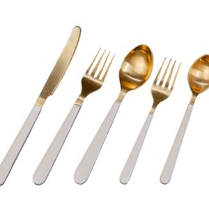 5pc Flatware Place Setting Gold w/ White Resin Handles in Giftbox-ST - Gold & White