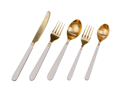 5pc Flatware Place Setting Gold w/ White Resin Handles in Giftbox-ST - Gold & White