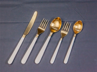 5pc Flatware Place Setting Gold w/ White Resin Handles in Giftbox-ST - Gold & White - Imagen 2