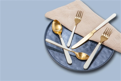 5pc Flatware Place Setting Gold w/ White Resin Handles in Giftbox-ST - Gold & White - Imagen 3