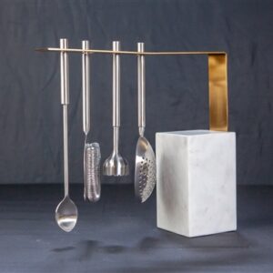White Marble & Gold Hanging Bar Tools Set - Natural White Marble