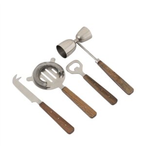 Set of 4 Stainless Steel & Wood Handle Bar Set - Silver & Brown-ST - Silver & Brown