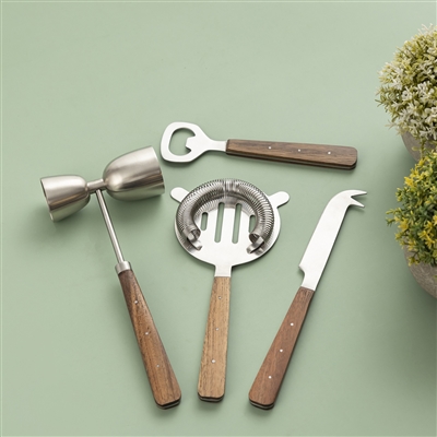 Set of 4 Stainless Steel & Wood Handle Bar Set - Silver & Brown-ST - Silver & Brown - Imagen 2