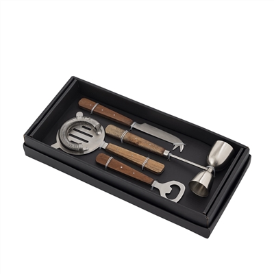 Set of 4 Stainless Steel & Wood Handle Bar Set - Silver & Brown-ST - Silver & Brown - Imagen 3