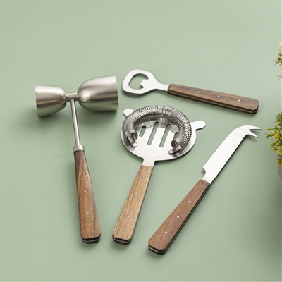 Set of 4 Stainless Steel & Wood Handle Bar Set - Silver & Brown-ST - Silver & Brown - Imagen 6