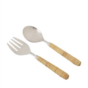 Set of 2 Stainless Steel & Wood Handle Salad Set - Silver & Brown-ST - Silver & Brown