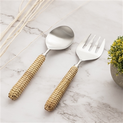 Set of 2 Stainless Steel & Wood Handle Salad Set - Silver & Brown-ST - Silver & Brown - Imagen 2