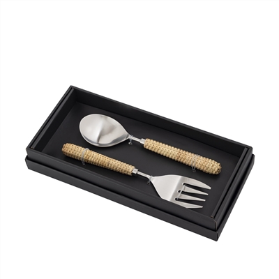 Set of 2 Stainless Steel & Wood Handle Salad Set - Silver & Brown-ST - Silver & Brown - Imagen 3