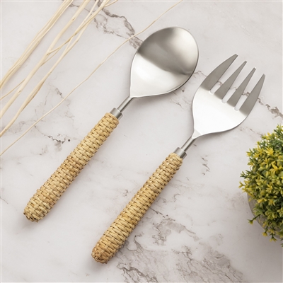 Set of 2 Stainless Steel & Wood Handle Salad Set - Silver & Brown-ST - Silver & Brown - Imagen 4