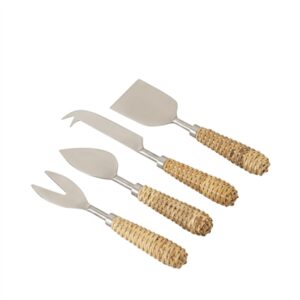 Set of 4 Stainless Steel & Wood Handle Cheese Set - Silver & Brown-ST - Silver & Brown