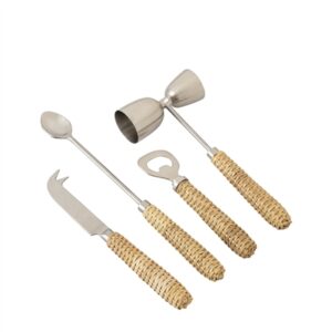 Set of 4 Stainless Steel w/Wood Handle Bar Set - Silver & Brown-ST - Silver & Brown