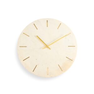 Lg. Marble Wall Clock w/ Gold Inlay Dia16" - Natural White Marble