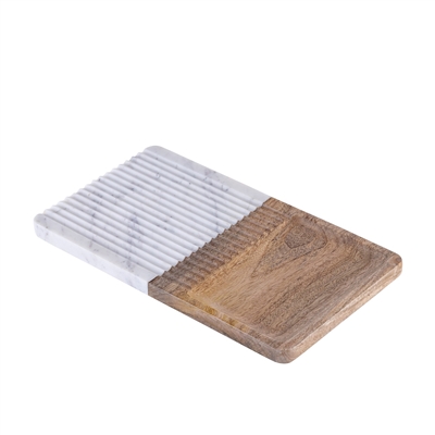 Wood & White Marble Grooved Platter- A - Natural - Imagen 2