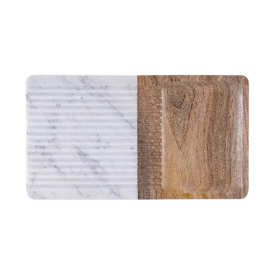Wood & White Marble Grooved Platter- A - Natural - Imagen 4