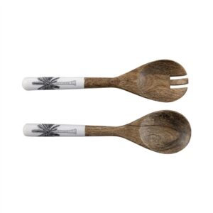 Mango Wood Salad Server Set Of 2 w/Print - Natural & Print -A - Natural & Print