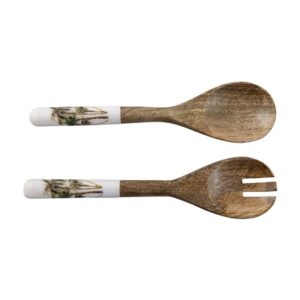 Mango Wood Salad Server Set Of 2 With Print - Natural & Print -A - Natural & Print