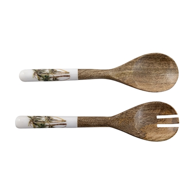 Mango Wood Salad Server Set Of 2 With Print - Natural & Print -A - Natural & Print