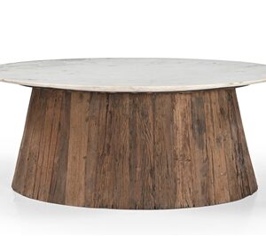 Oval Wood Coffee Table with Marble Top H 18" & Dia 28" - Wood Natural/ White