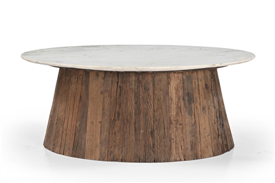 Oval Wood Coffee Table with Marble Top H 18" & Dia 28" - Wood Natural/ White
