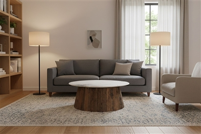 Oval Wood Coffee Table with Marble Top H 18" & Dia 28" - Wood Natural/ White - Imagen 2