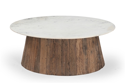 Oval Wood Coffee Table with Marble Top H 18" & Dia 28" - Wood Natural/ White - Imagen 3