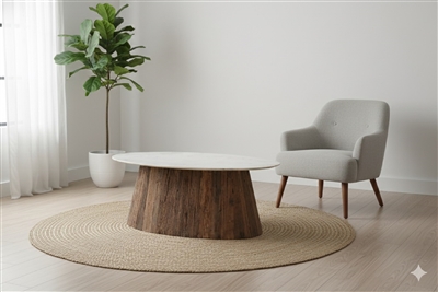 Oval Wood Coffee Table with Marble Top H 18" & Dia 28" - Wood Natural/ White - Imagen 4