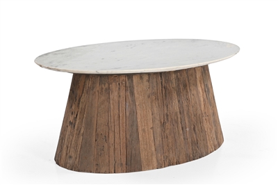 Oval Wood Coffee Table with Marble Top H 18" & Dia 28" - Wood Natural/ White - Imagen 5
