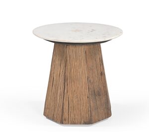 Wood Side Table with Marble Top H 19.5" & Dia 17.8" - Wood Natural/ White