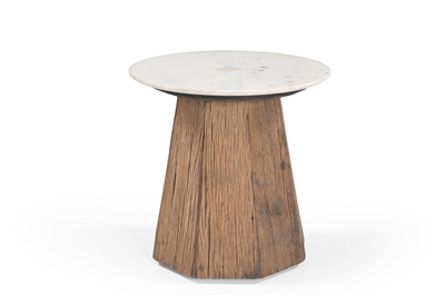 Wood Side Table with Marble Top H 19.5" & Dia 17.8" - Wood Natural/ White