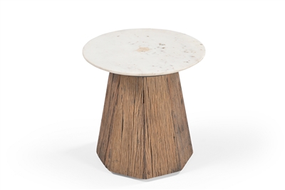Wood Side Table with Marble Top H 19.5" & Dia 17.8" - Wood Natural/ White - Imagen 2