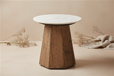 Wood Side Table with Marble Top H 19.5" & Dia 17.8" - Wood Natural/ White - Imagen 5